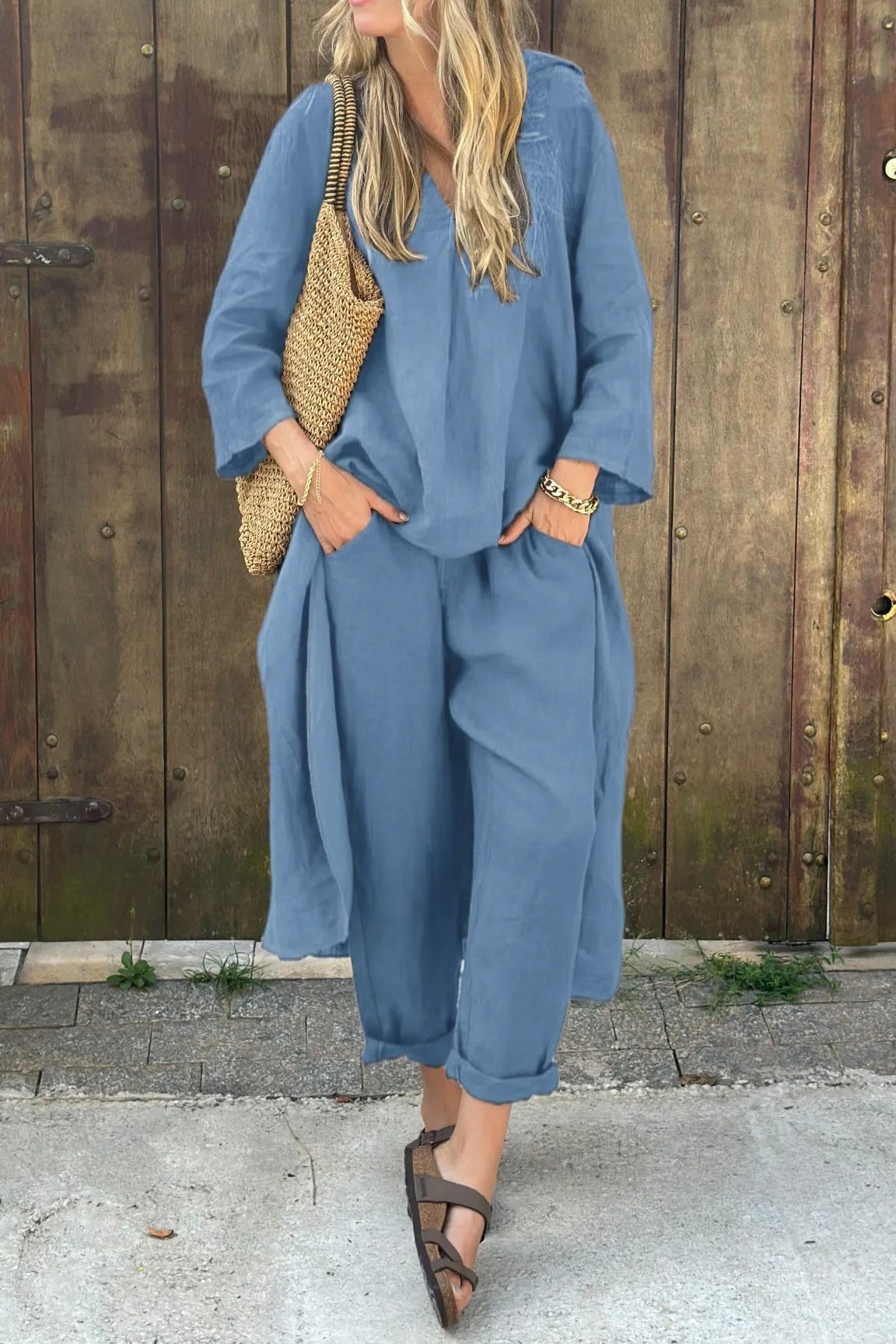 Conjunto de Lino Casual Mujer Pantalón y Blusa