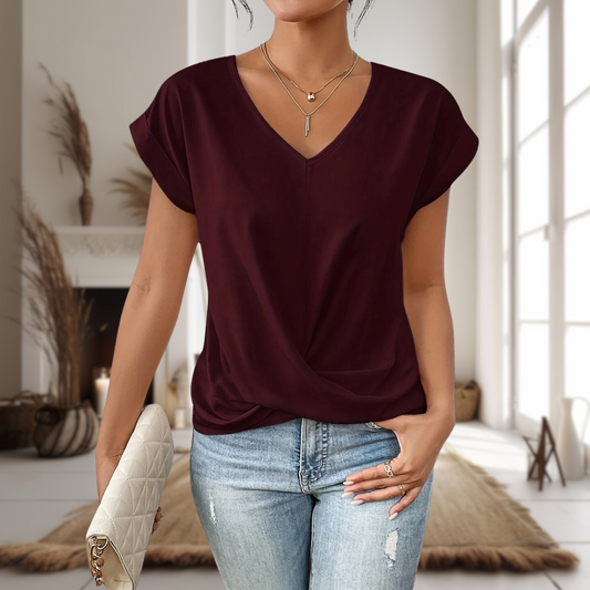 Blusa de Manga Corta Mujer Cuello en V Dobladillo Cruzado