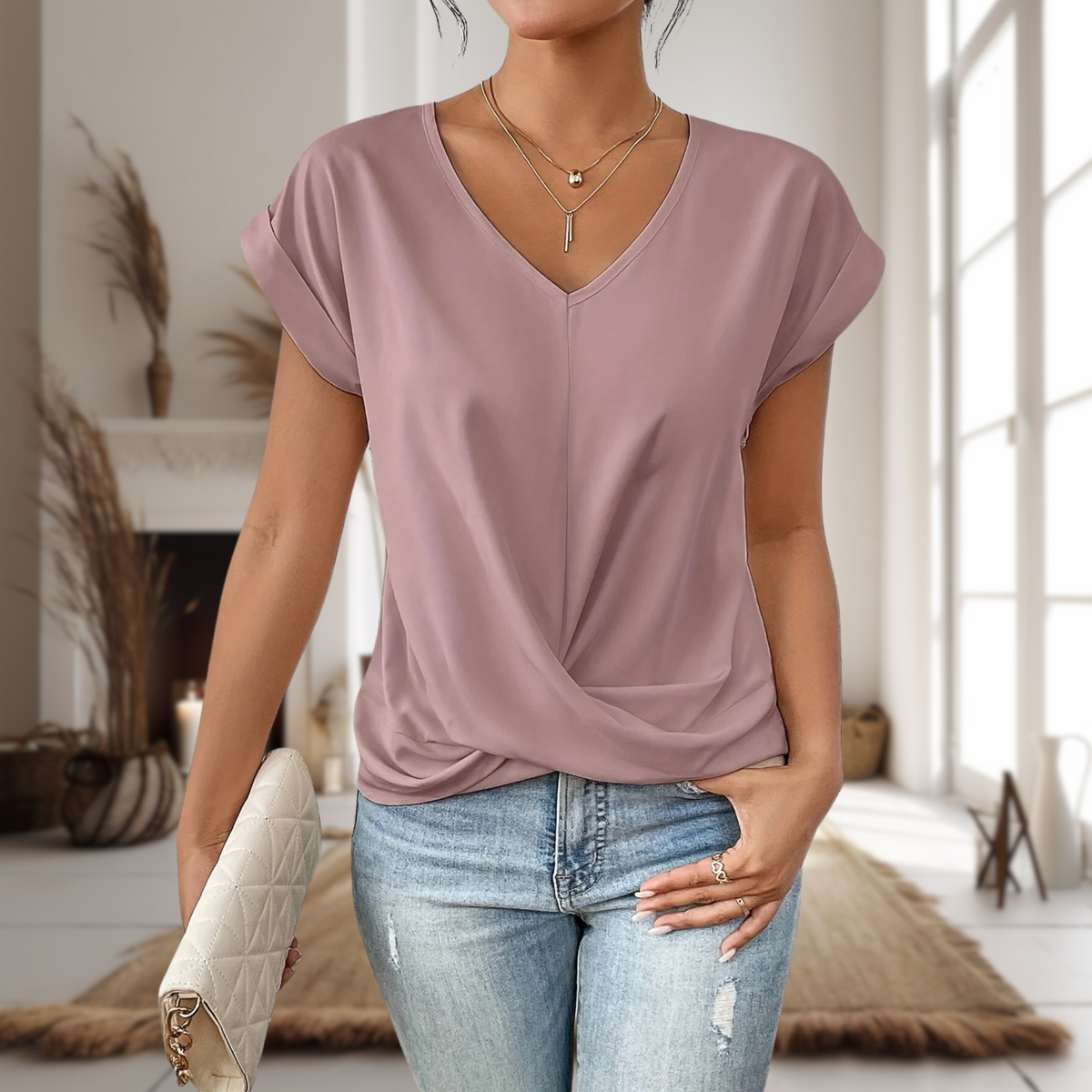 Blusa de Manga Corta Mujer Cuello en V Dobladillo Cruzado