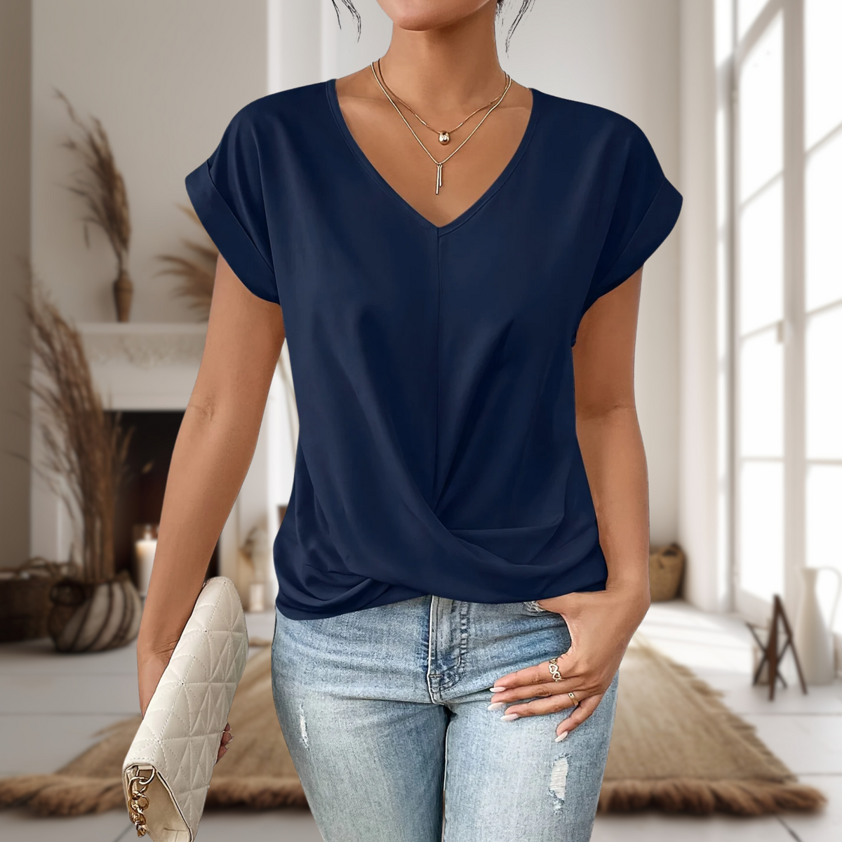 Blusa de Manga Corta Mujer Cuello en V Dobladillo Cruzado