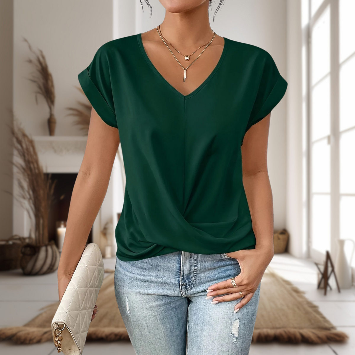 Blusa de Manga Corta Mujer Cuello en V Dobladillo Cruzado