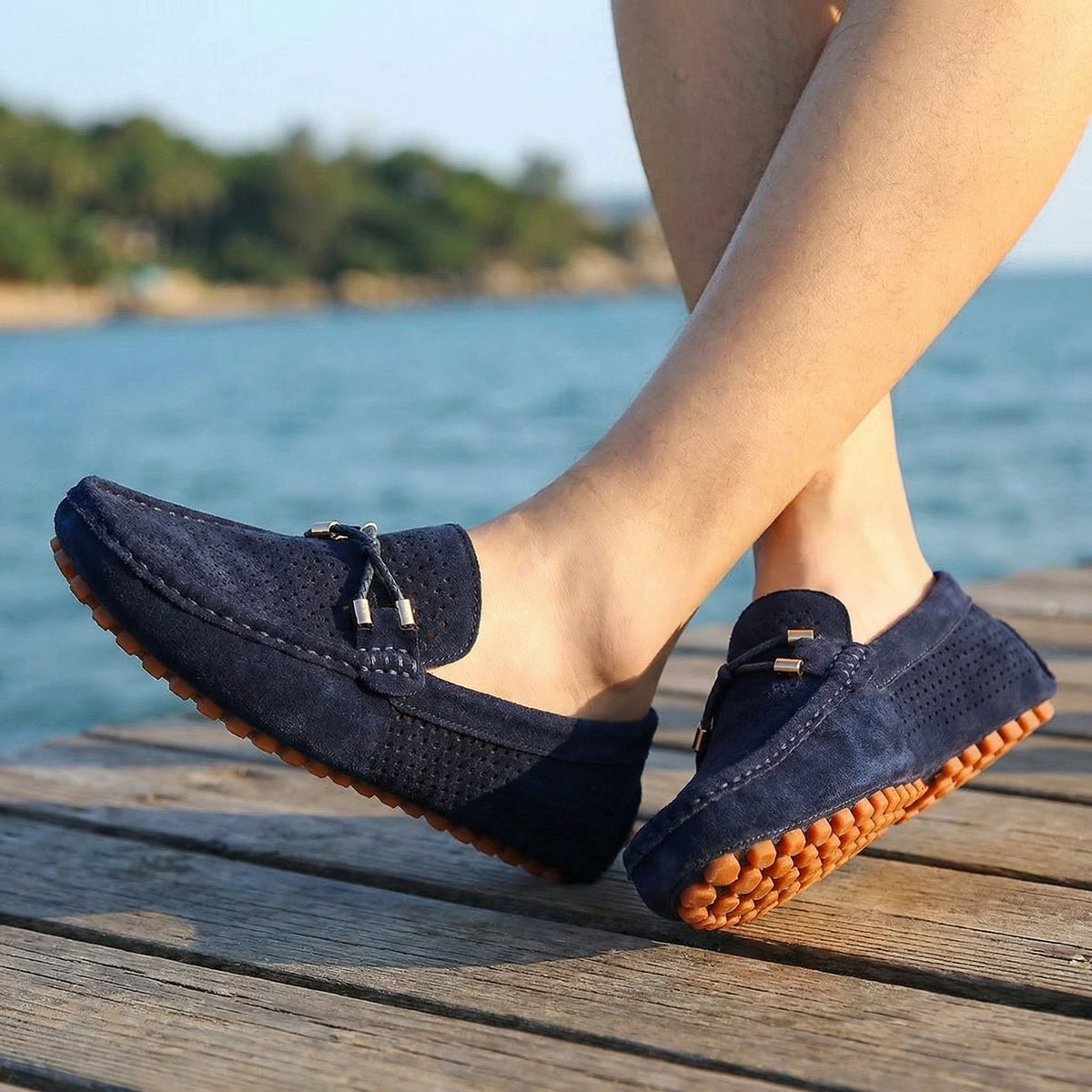 Mocasines de Ante Perforado Hombre Sin Cordones